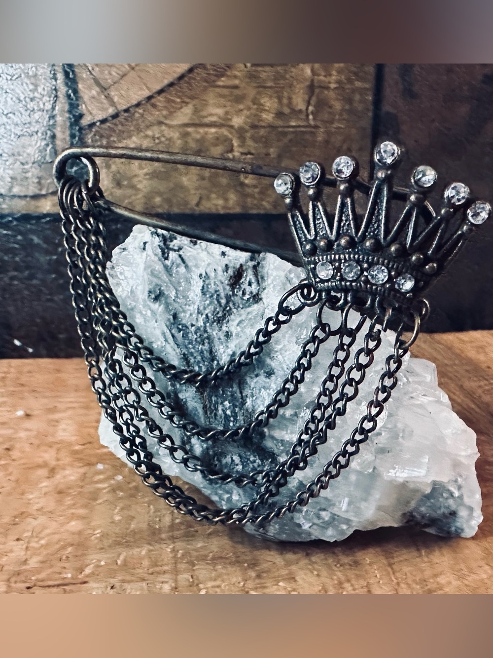 Oversized Crown Safety Pin Brooch with Rhinestones & Draped Chains